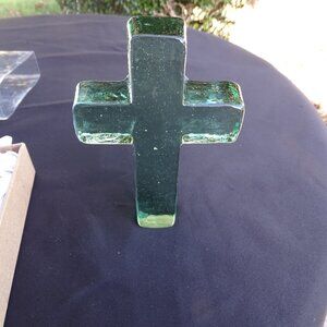 Light Green Glass Cross Paperweight by Cleerely Stated 5 1/2" x 3 3/4" x 1"